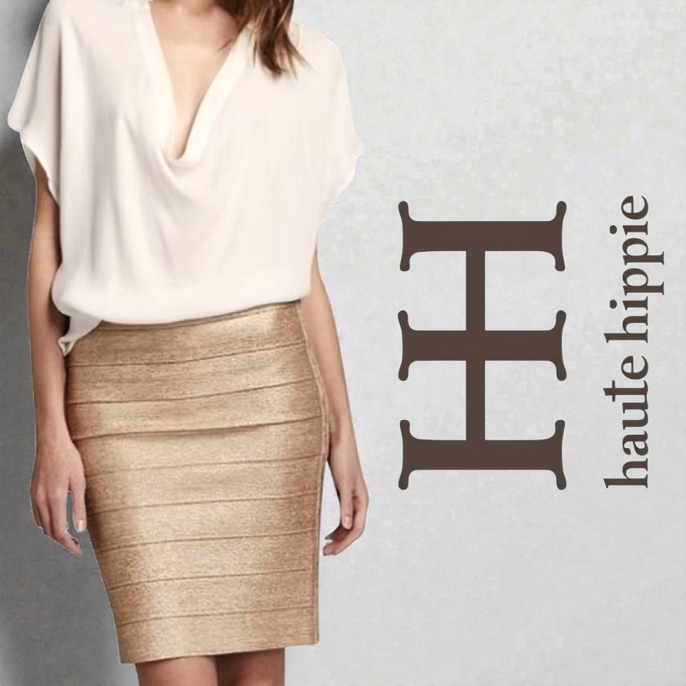 Haute Hippie Metallic Gold Bandage Skirt Shimmer Sparkly Bodycon Mini Large